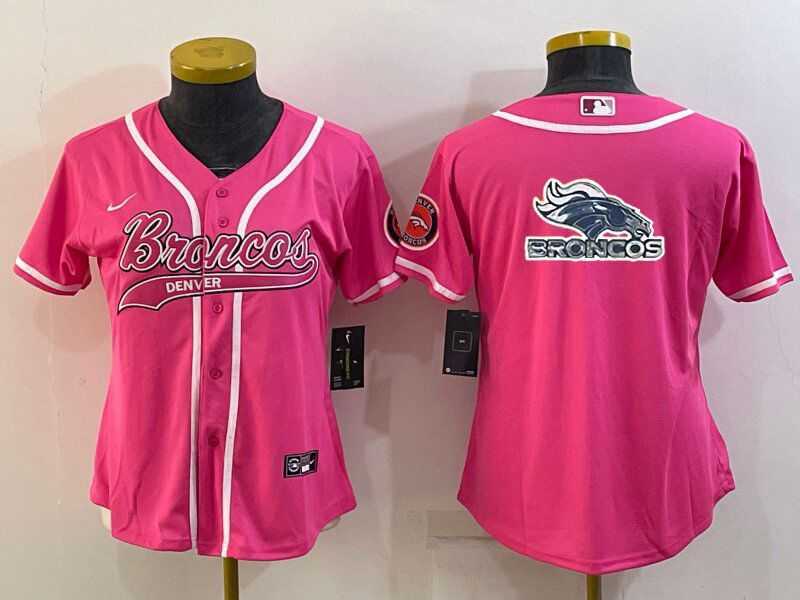 Women%27s Denver Broncos Pink Team Big Logo With Patch Cool Base Stitched Baseball Jersey
